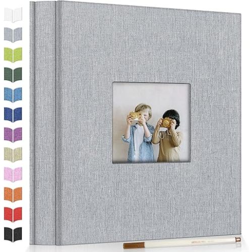 Photo Album Self Adhesive Scrapbook Album for 3x5 4x6 5x7 8x10 Pictures,60 Pages Linen Cover with Display Window DIY Photo Book,Ideal Gifts for Family Travel Wedding Baby