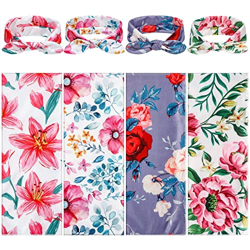 Moukeren 4 Sets Baby Swaddle Newborn Baby Receiving Blankets with Headbands Newborn Floral Printed Swaddle Blanket Infant Sleepsack Nursery Blankets for Gifts, 4 Design