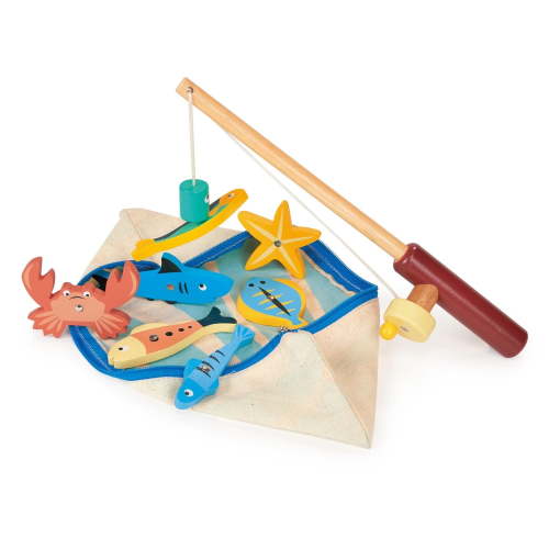 Mentari Toys - Fishing Game - Magnetic Wood Rod, Sea Creatures and Fabric Bag - Age 3+