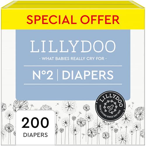 LILLYDOO Diapers - Size 2 (9-18 lbs), Monthly Supply (200 Count), Skin-Friendly, Ultra Soft, Chlorine-Free & Absorbent Baby Diapers