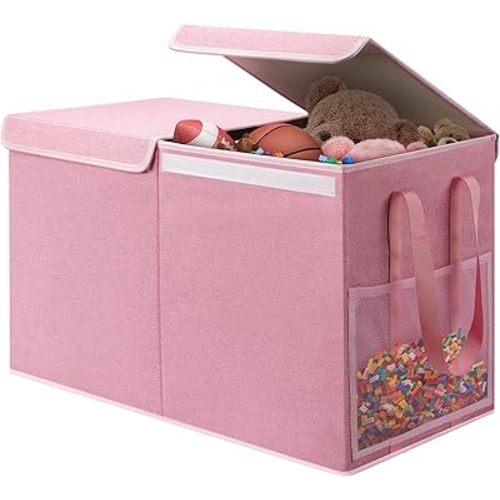 Large Toy Storage Box with Mesh Pockets, Collapsible Toy Organizer with Lids for Kids, Boys, Girls, Ideal Chest for Nursery/Playroom/Bedroom/Living Room, 25.5"x13"x16.5"(Pink)