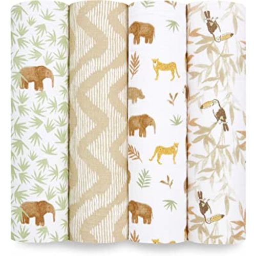 aden + anais Essentials Muslin Swaddle Blankets for Baby Girls and Boys, Newborn Receiving Blanket for Swaddling, 100% Cotton Baby Swaddle Wrap, 4 Pack, Tanzania