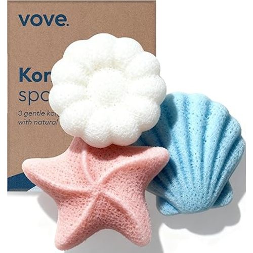 Vove Organic Konjac Baby Bath Sponges 3-Pack - Safe Natural Bath Sponges for Newborns Infants & Toddlers, Cute Ocean Shapes, Plant-Based Baby Bathing, Certified Organic