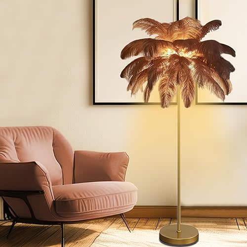 Feather Floor Lamp,50 Piece,Natural Ostrich Feather Floor Lamp for Living Room Bedroom,63″(160cm) Height, 3 Color Temperatures Christmas Decoration House Warming Gifts New Home Decor (Brown)