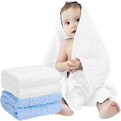 FOOK FISH Muslin Baby Towel 2 Pack Super Soft Cotton Gauze Baby Bath Towel Absorbent Infant Towel Non Hooded Newborn Towel Suitable for Baby's Delicate Skin 40 x 40inches Blue&White