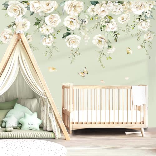 decalmile Large White Flower Wall Decals Hanging Vine Blossom Floral Wall Stickers Baby Nursery Girls Bedroom Living Room Wall Decor