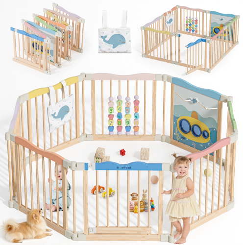 Buballino 8-Panel Kids Safety Fence Set - 100% Solid Pine Wood, 23.2" W x 23.6" H Per Panel, Easy Assembly for Play Areas