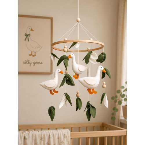 Goose Baby Mobile Silly Nursery Felt Leaves Crib Decor Baby Shower Gift