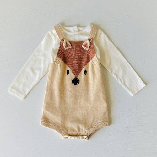 Organic Cotton Fox Knit Romper Set – Baby Bodysuit & Overalls