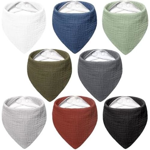 Bearmoss Muslin Baby Bibs 8 Pack Soft Bandana Bibs for Drooling & Teething, Absorbent Burp Cloths with Adjustable Snaps