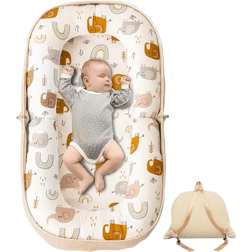 Baby Lounger, Foldable Infant Nest Pillow with Soft Memory Foam Mat, Cover with Adorable Pattern, Converts to Backpack for Easy Travel, 0-12 Months, White