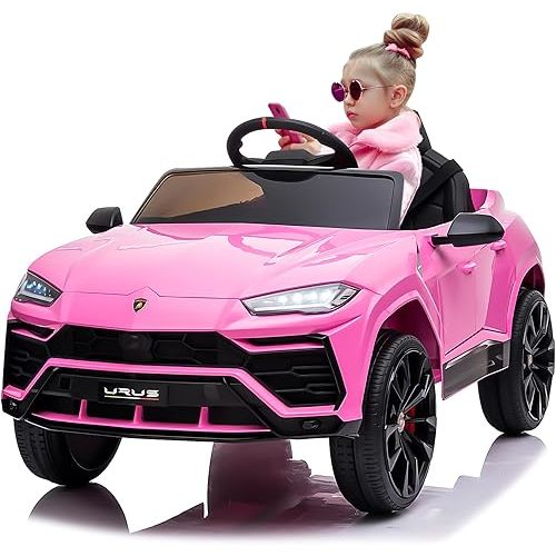 Electric Car for Kids 12V Licensed Lamborghini Ride On Car with Remote Control,Max Speed 2.5Mph,LED Lights,Music Players,Lockable Doors,Spring Suspension,Toddler Cars to Drive,Pink