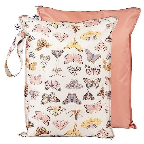Tiny Twinkle Mess-proof Wet Bags 2 Pack Waterproof and Washable Bag for Travel storage, Stroller, Daycare, Baby Diapers, Yoga, Beach, Pool, Wet Toddler Swimsuits (Flutter)