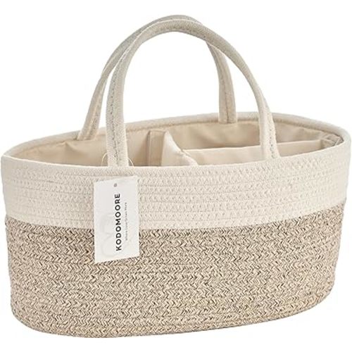 Large Diaper Caddy Organizer, Baby Storage Basket, Nursery Bin and Car Organizer for Diapers, Gift Basket for Baby Shower List or Newborn Essentials, Boys and Girls - White and Beige Brown