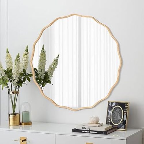 Wavy Round Mirror for Wall Decorative 24" Modern Wavy Circle Mirror Nursery Mirror for Bathroom Bedroom Living Room Home House Office Entryway (Natural Color)