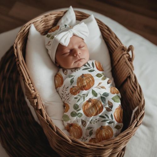 Baby Girl Fall Swaddle & Bow Hat Set, Pumpkin Headband, Gender Reveal Newborn Outfit, Autumn Baby Shower Gift, Hospital First Photo Clothing