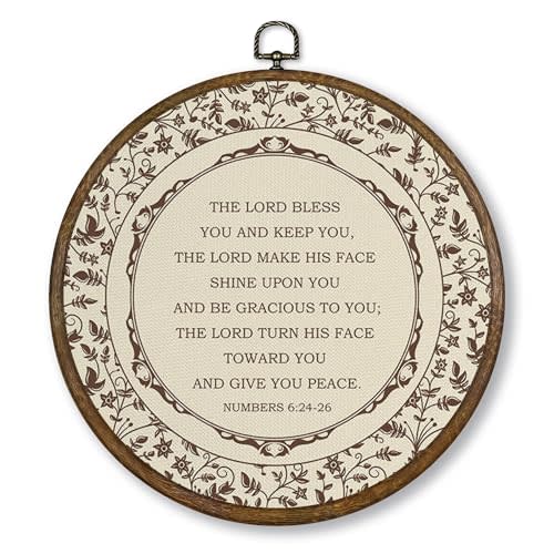 Qskjre Vintage Christian Flower Wall Art Decor, Retro Bible Verse Numbers 6:24-26 Round Wood Framed Canvas Wall Artwork, Religious Hanging Prints for Church Prayer Room Gallery Decorations, 10x10inch