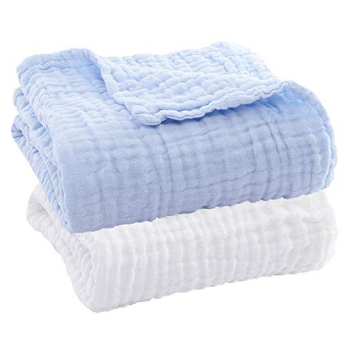 Aablexema Baby Muslin Bath Towels - Set of 2 Large Size 43X43 Inches Swaddle Blanket for Newborn Toddlers Boys Girls (White & Blue)