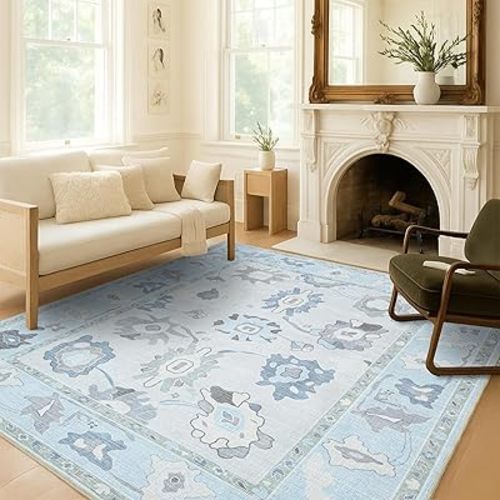 Fame Living Cream Blue Oushak Rug, Modern, Vintage, Turkish, Eclectic, Floral, Pastel, Washable, Area Rugs for Living Room, Dining, Bedroom, Nursery, Girls, Boys, 5'9"x8'9"