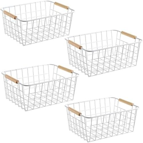 LeleCAT White Wire Baskets with Handles Wire Storage Organizer Baskets For Kitchen, Household Refrigerator for Cabinets, Pantry, Closets, Bedrooms - Set of 4(White)