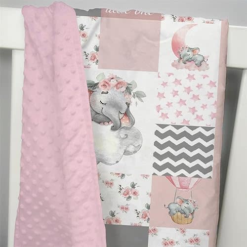 Mink Baby Girl Blanket Pink Sleeping Elephant Floral, Dream Big Little One Moon Star Cloud Soft Double Layer Dotted Backing Receiving Swaddle, Newborn Infant Toddler Nursery Crib Bedding 30x40