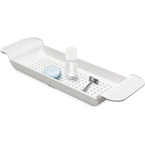 Madesmart Expandable Bath Tray for Bathtubs, Plastic Shower and Bath shelf caddy, white, Multifunctional bathtub bathroom organizer, Premiumwhite