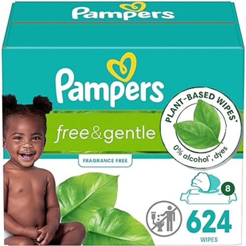 Pampers Free & Gentle 100% Plant-Based Fragrance Free Baby Wipes, 8 Flip-Top Packs (624 Wipes Total)