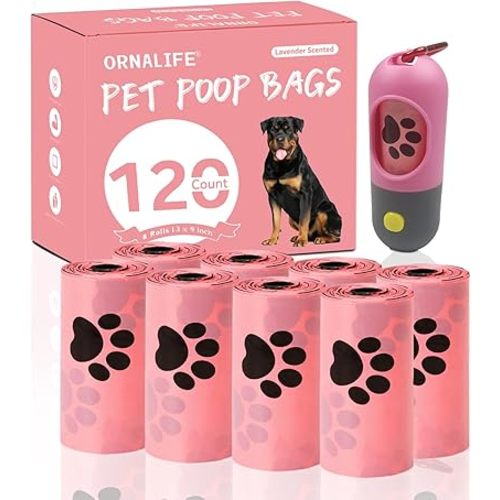 Lavender Scented Pet Waste Disposal - 120 Compostable Extra Thick Strong Leak Proof Doggy Poop Bags With Dispenser