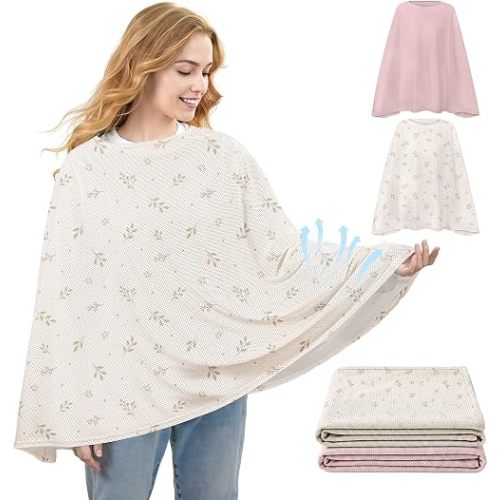 Basumee Nursing Cover for Breastfeeding Breathable Mesh 360 Full Privacy Nursing Wrap Multi-Use Breast Feeding Covers for Women Moms Feeding Essentials, Beige Branches & Soft Pink, 2 Pack
