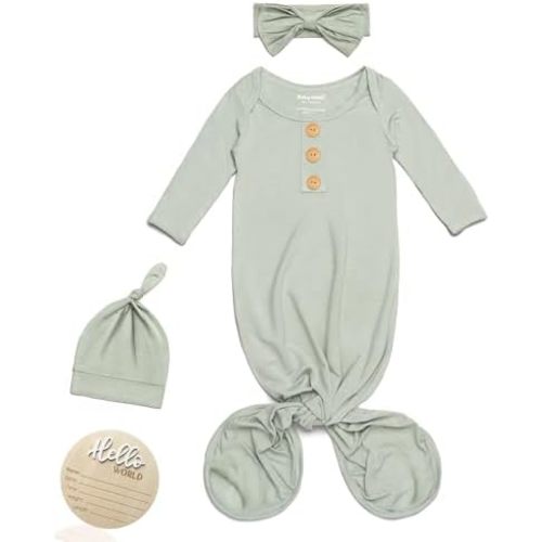 Baby Noah Newborn Knotted Gown, Ultra-Soft Silky Long Sleeve Sleeper, Unisex Coming Home Outfit Set With Wooden Name Sign