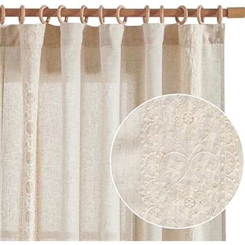 jinchan Boho Curtains for Bedroom Ivory Vintage Floral Farmhouse Curtains 90 Inches Long Linen Blend Drapes for Living Room Embroidered Light Filtering Drapes Rod Pocket Ivory on Beige 2 Panels