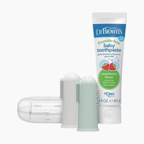 Dr. Brown's Silicone Finger Toothbrush with Case, 2-Pack - Gray/Green, Strawberry Toothpaste