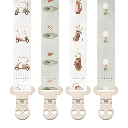 Stadela Baby Pacifier Clip Holder - Girl or Boy Unisex 4 Pack Gift Set – Neutral Modern Golf Theme Green Brown Beige