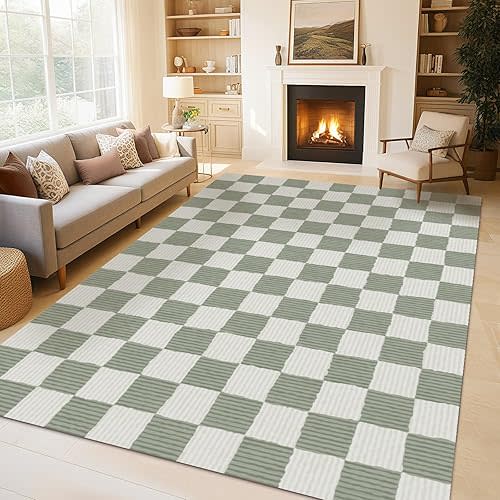 Checkered Area Rug 5'×7' Sage Green Washable Large Living Room Rug Geometry Neutral Line Non-Slip Soft Bedroom Carpet Dining Room Nursery Home Office Indoor Decor