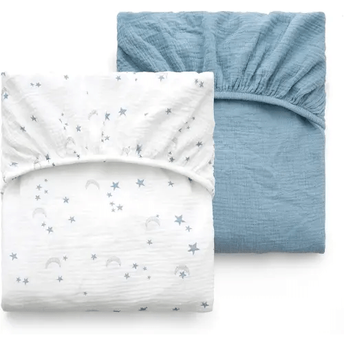 Momcozy Muslin Standard Fitted Crib Sheets, 52"x28", 2 Pack Soft Breathable Natural Cotton Baby Mattress Sheet, 360° Mattress Wrapping No Slip Boys Girls Neutral Toddler Bed Sheet, Blue Star Moon