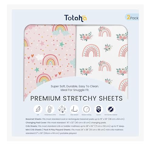 TotAha Pink Rainbow Crib Sheets Girl - Hypoallergenic, Silky Comfort, Buttery Soft, Calming Effect, All-Season Premium Stretchy Jersey-Knit Sheets, 9'' Extra Deep Pocket-2 Pack