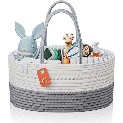 KiddyCare Woven Diaper Caddy Organizer, Large Gray Multi Functional Portable Baby Basket with Handle, Baby Gift for Boy/Girl Nursery Storage, Organization, and Modern Car Diaper Caddy Gray X-Large