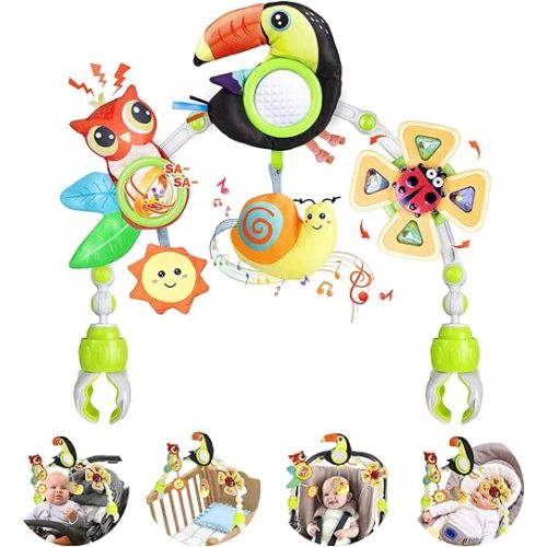 Baby Stroller Arch Toy with Teether, Rattle, Crinkle Sound, Mirror & Music Box, Newborns Sensory Activity Carrier Take-Along Toy, Adjustable for Bouncers