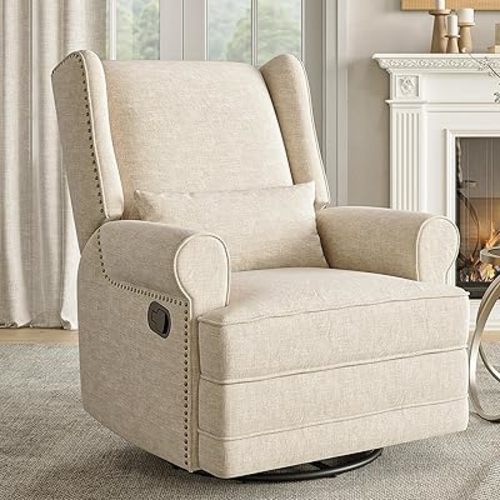 RoyalCraft Swivel Recliner Chair, Nursery Glider Rocking Chairs with Extra Large Footrest, Comfy Upholstered Glider Rocking Chair for Living Room, Bedroom and Ofice, Beige