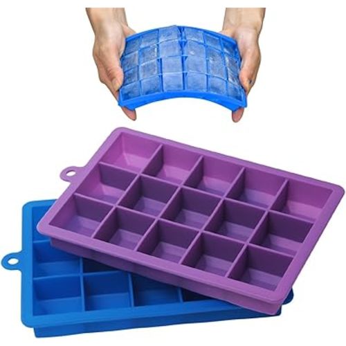 AYI&AYEE Silicone Ice Cube Trays with Lids - 2 Pack - 15 Cavities 1 2/5 inch (2 tbsp / 30ml / 1 fl oz) Square Ice Cubes Baking Molds - BPA free - Easy Release - for Juice, Baby Food, Chocolate & More