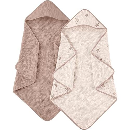 Susurration Hooded Baby Towels for Newborn 2 Pack 100% Muslin Cotton Towel for Babies,Highly Absorbent and Newborn Essential 30x30 Inch Pink Star&Sand