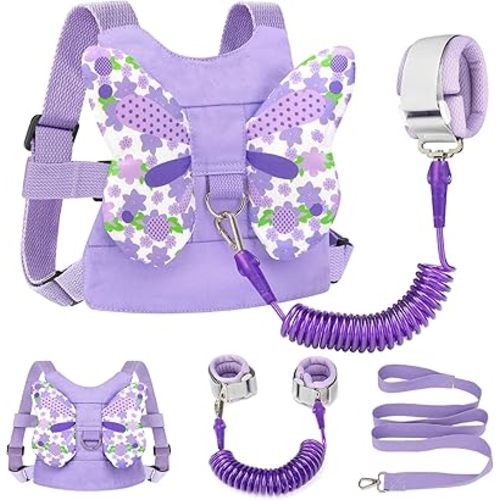 Toddler Harness Leash + Anti Lost Wrist Link, Accmor Kids Butterfly Harnesses with Children Leashes, Cute Baby Leash Walking Assistant Wristband Strap Tether for Girls Outdoor (Purple)