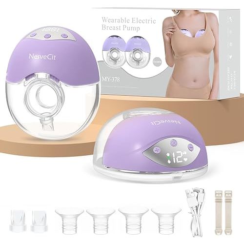 Electric Breast Pump Hands Free, Wearable Breast Pump with 4 Modes/12 Levels, Portable Painless Pumping, Adjustable Flange Sizes 19/21/24mm, Timer LCD Display Memory Function, 2 Pack Purple