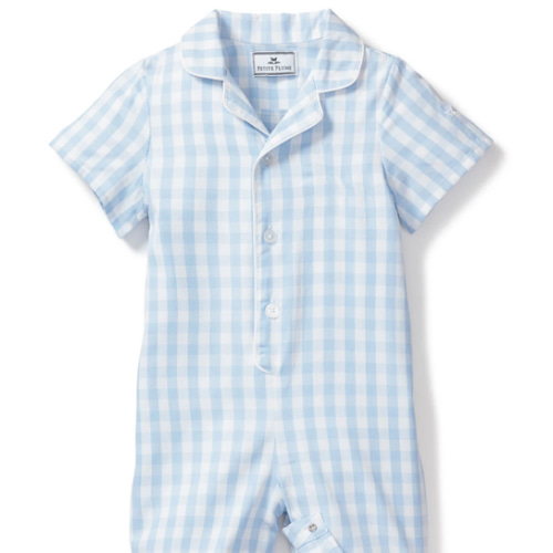 Baby's Twill Summer Romper in Light Blue Gingham