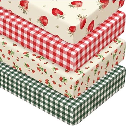 4 Pack Crib Sheets Brown Red Strawberry Soft Baby Bed Sheet Set 52'' x 28" Nursery Crib Sheets for Standard Bed Toddler Mattress Nursery Decor Boys Girls Kids