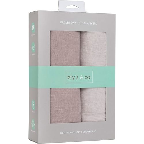 Ely's & Co. Cotton Muslin Swaddle Blanket 2-Pack for Baby Boy and Baby Girl— 100% Cotton Muslin Extra-Large Swaddle Blankets (47” x 47”) — Pebble Gray & Simply Taupe