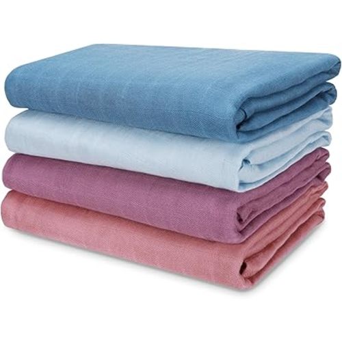 Muslin Swaddle Blankets, Large Receiving Blankets for Boys and Girls, 4-Pack Soft and Breathable Swaddle Wrap for Newborn, 47 x 47 inches (Blue Purple Series)