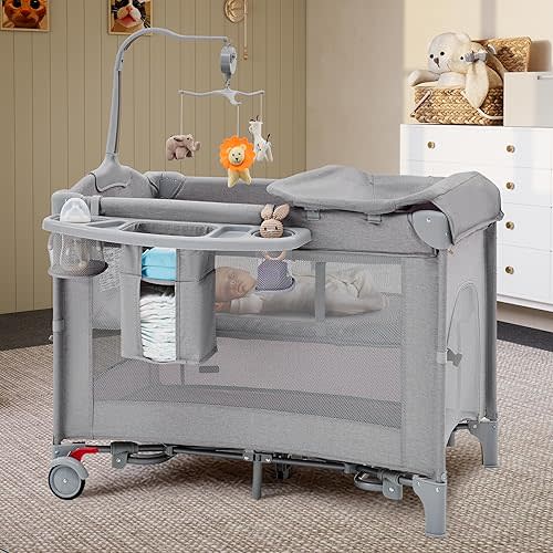 HARPPA Pack and Play 6 in 1, Portable Baby Playard for Travel, Baby Bassinet Bedside Sleeper with Mattress, Rolling Bassinet for Infant, Pack n Play with Changing Table, Bed Crib(Gray)