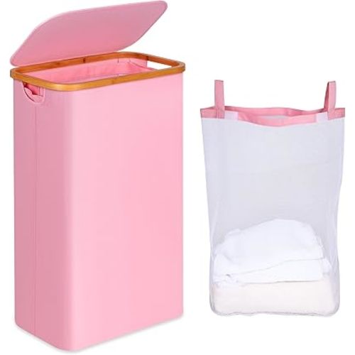 Slim Laundry Hamper, Narrow Laundry Basket with Lid,Foldable Clothes Hamper with Bamboo Handles,Hamper Basket with Removable Inner Bag for Laundry Room Bedroom College Dorm,75L Pink