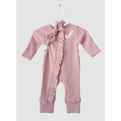 PERSONALIZED Baby Girl Coming Home Outfit - Hospital Outfit for Baby Girls Newborn Waffle Knit Ruffled Footie With Bow -
